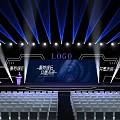 Event Stage Design With LOGO Blue Lighting Audience Seats And Large Screen