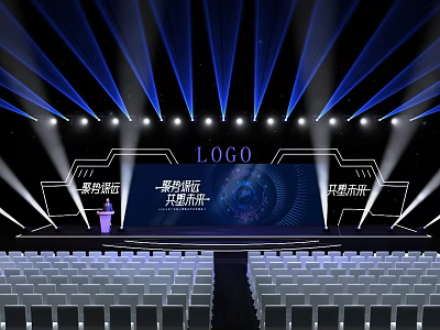 Event Stage Design With LOGO Blue Lighting Audience Seats And Large Screen 3d model