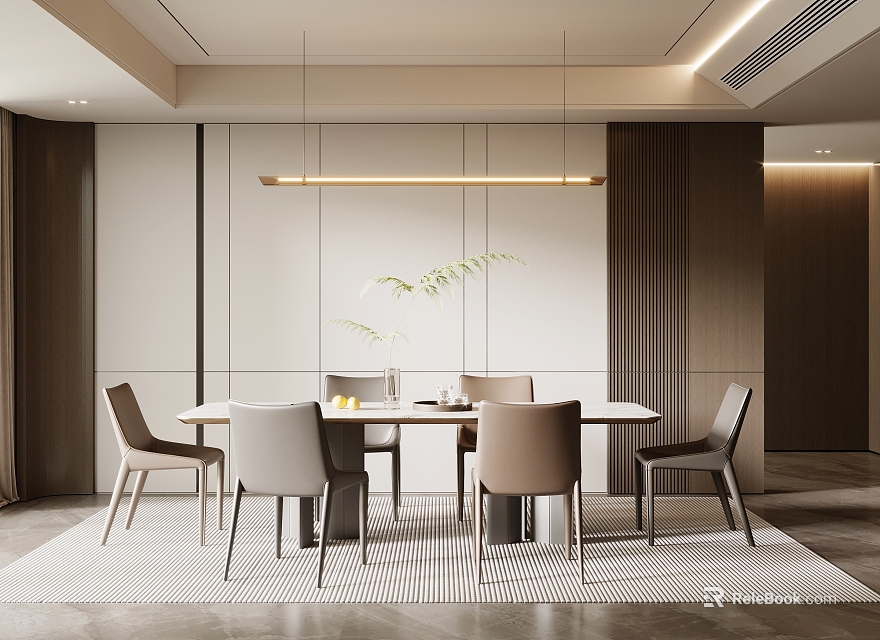 Modern Dining Room Interior With Round Table Beige Chairs Hanging Lighting And Decorative Plant 3d model 