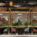 Modern Luxurious Restaurant Corridor With Golden Decorations Green Plants Marble Floor And Elegant Lighting Design