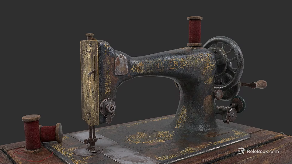 Vintage Industrial Sewing Machine with Ornate Metal Body and Red Thread Spool 3d model 
