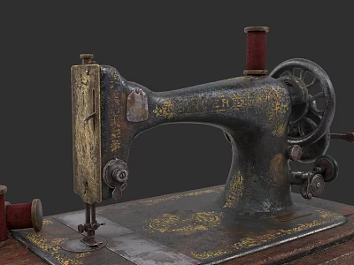 Vintage Industrial Sewing Machine with Ornate Metal Body and Red Thread Spool 3d model