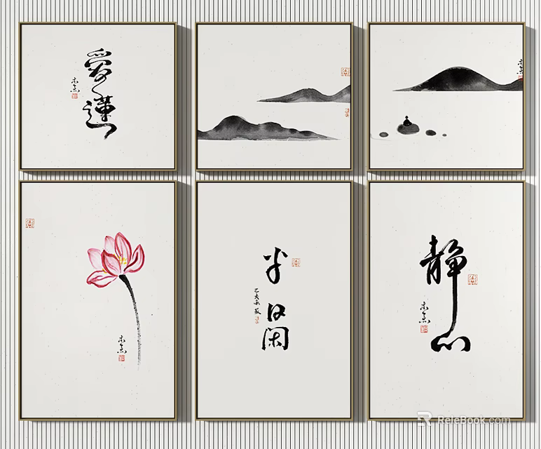 Serene Chinese Ink Paintings with Calligraphy Mountain Lotus and Art Design 3d model 