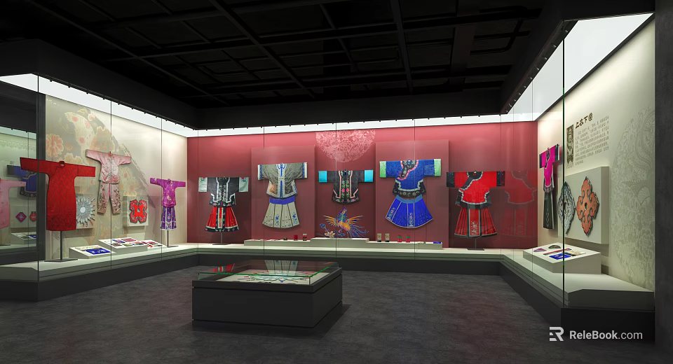 Ethnic Costumes Exhibition In Museum Hall With Red Walls And Glass Display Cases 3d model 
