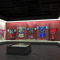Ethnic Costumes Exhibition In Museum Hall With Red Walls And Glass Display Cases