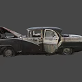 Rusty Damaged Vintage Car With Open Hood Broken Doors And Wrecked Body