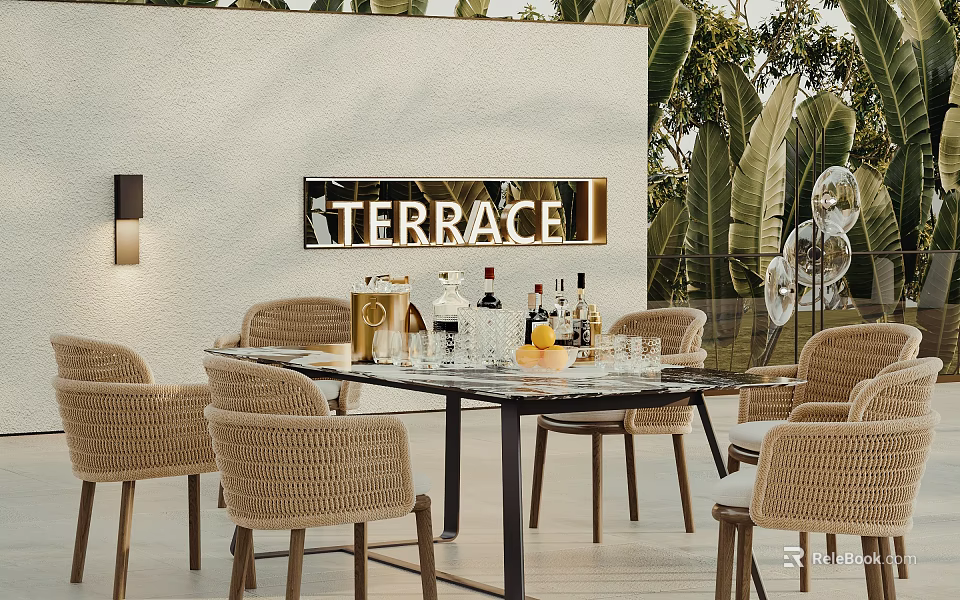 Outdoor Terrace Table and Chair Set With Wicker Chairs Glass Top and Drinks 3d model 