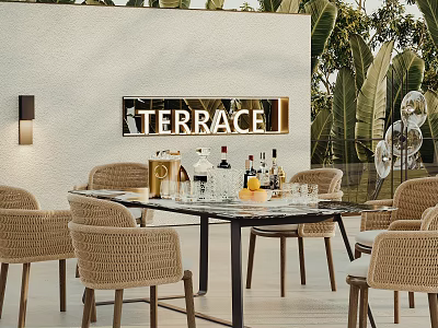 Outdoor Terrace Table and Chair Set With Wicker Chairs Glass Top and Drinks 3d model