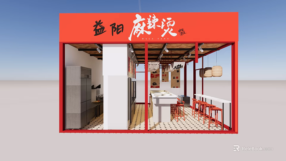 Yiyang Spicy Hot Pot Restaurant with Red Signboard Open Design and Bar Counter 3d model 