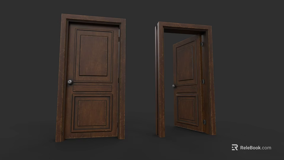 Brown Wooden Door Closed and Open Versions With Classic Panel Details 3d model 