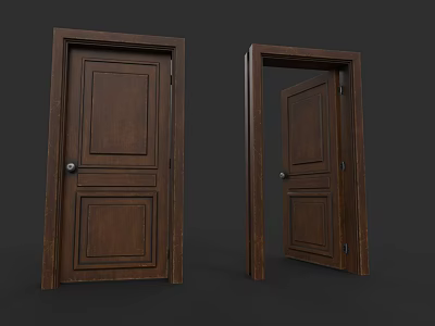 Brown Wooden Door Closed and Open Versions With Classic Panel Details 3d model