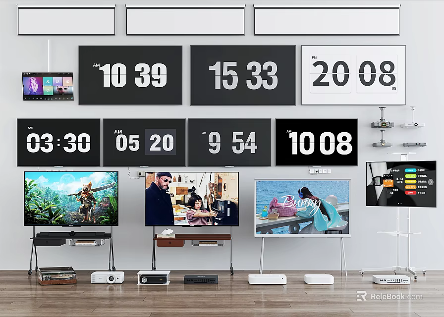 Multiple Modern Televisions Displaying Different Time Displays And Various Content Screens 3d model