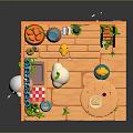 Cute Cartoon Indoor Scene With Blue Cow Curtain Wooden Shelves Round Table And Vine Plants