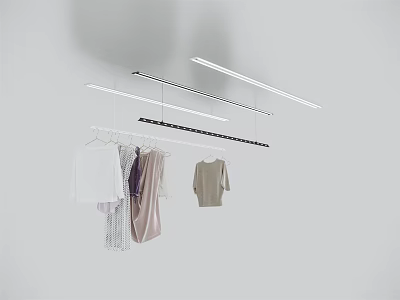Clothes Hangers with Hanging Garments and Overhead Linear Lights in White Minimalist Space 3d model