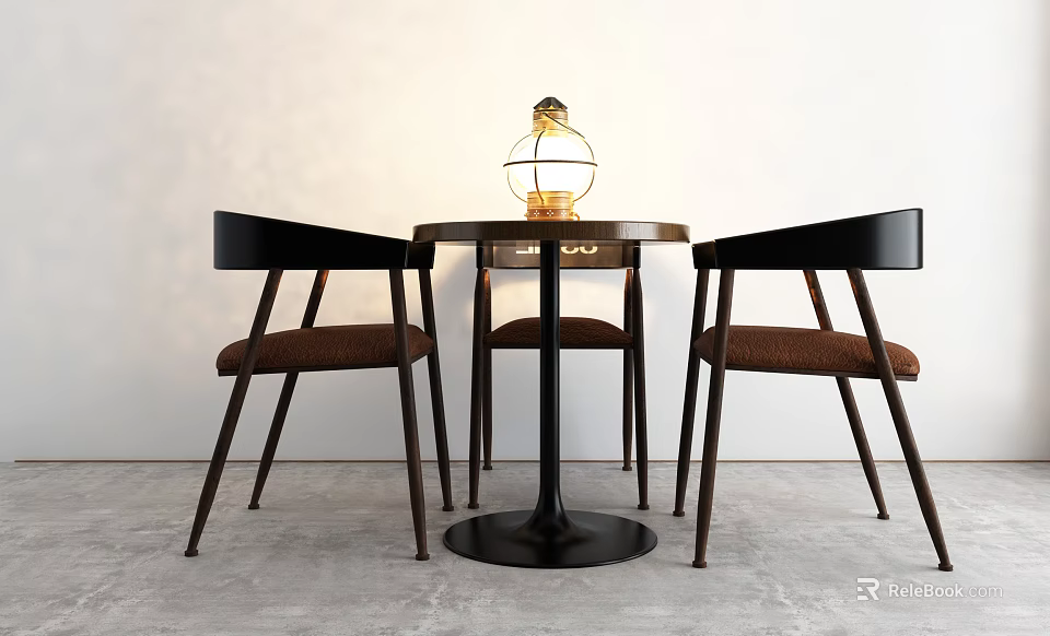 Modern Round Table And Chair Set With Black Frame Brown Seats And Decorative Lantern 3d model 