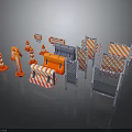 Construction Safety Equipment Including Orange White Striped Barriers Cones And Metal Fences