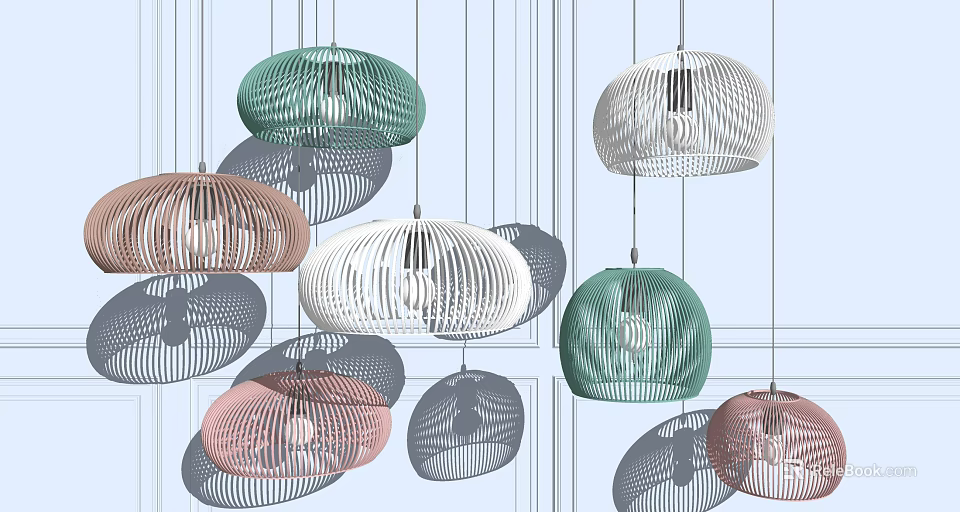 Colorful Modern Pendant Lights With Woven Design in Green White Pink and Brown Shades 3d model 