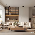 Warm Bright Modern Living Room With Natural Wood Furniture Comfortable Sofa And Custom Storage Cabinets