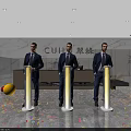Grand Celebration Scene With Three Men In Suits CUIJI Sign Illuminated Pillars Balloons And Confetti