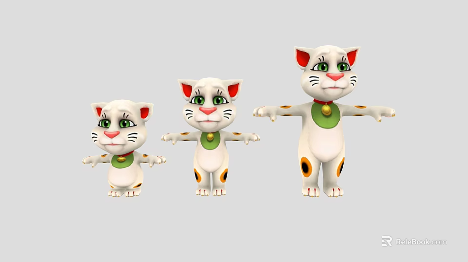 Cute White Cartoon Cats With Red Ears Green Collars And Open Arms In Different Sizes 3d model 