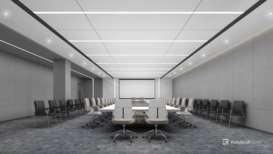 Modern Conference Room Interior Design With Long Table Ceiling Lights And Comfortable Chairs 3d model 