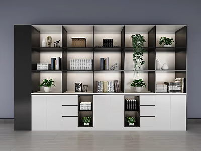 Modern Storage Shelving Unit With Multiple Compartments Books Decorative Items Green Plants And Drawers 3d model