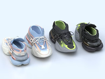 Various Modern Sporty Sneakers In Pastel Blue Pink Black And Neon Green Thick Soles Design 3d model