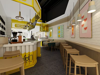 Bright Yellow Milk Tea Shop Interior With White Brick Walls Hanging Lamps And Wooden Stools 3d model