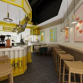 Bright Yellow Milk Tea Shop Interior With White Brick Walls Hanging Lamps And Wooden Stools