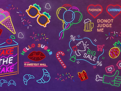 Colorful Neon Style Decorative Lights With Ice Cream Balloons And Gift Boxes Elements 3d model