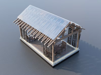 Modern Pavilion With Transparent Roof Wooden Structure And Chairs On Wooden Floor 3d model