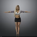 Blonde Woman Standing with Arms Outstretched in White Top Black Skirt Against Grey Background