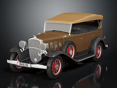 Vintage Brown Convertible Car With Red Wheels And Soft Top Retro Design 3d model