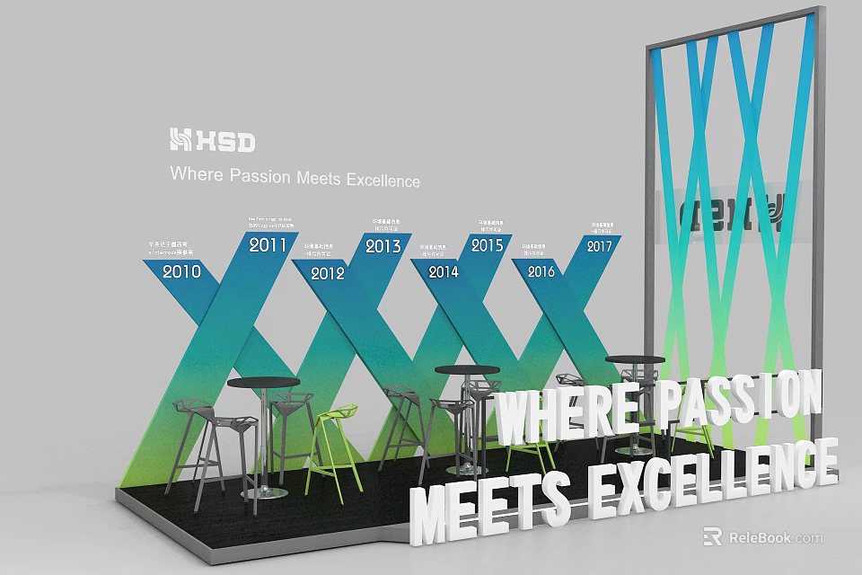 H X S D Media Enterprise Exhibition Display With Yearly Milestones Tables And Chairs 3d model 