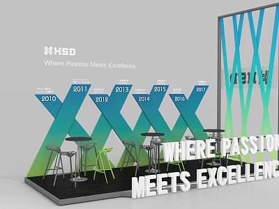 H X S D Media Enterprise Exhibition Display With Yearly Milestones Tables And Chairs 3d model