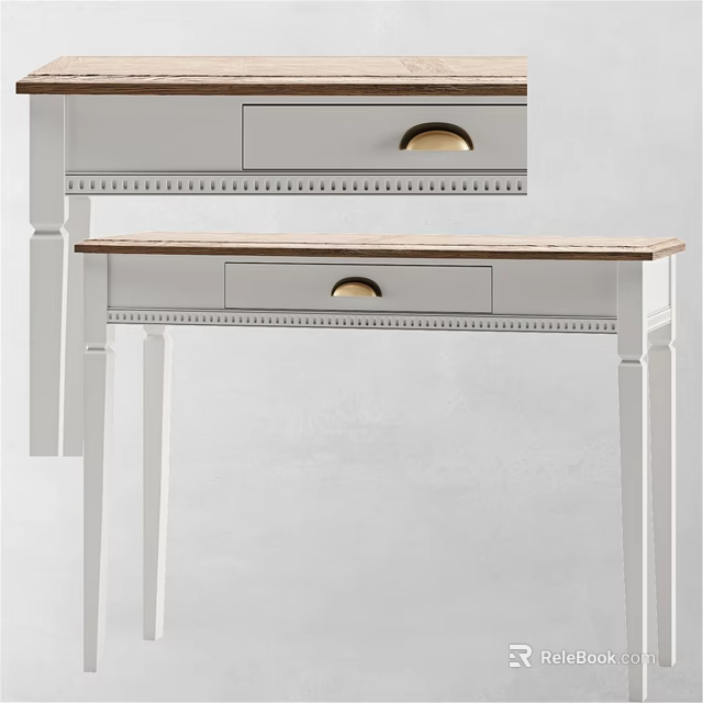 Classic Dining Table With White Frame Wooden Top And Brass Handle Drawer 3d model 