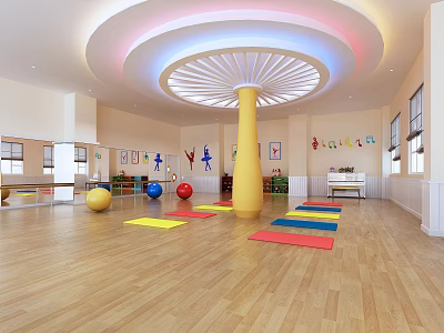 Kids Fitness Room With Colorful Mats Balls Yellow Pillar Circular Lighting And Wall Decorations 3d model