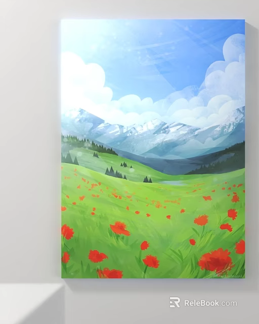 Scenic Green Meadow With Red Poppies And Snowy Mountains Under Blue Sky 3d model 