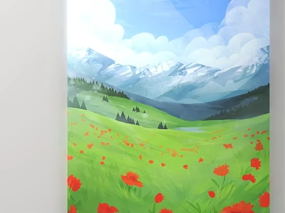 Scenic Green Meadow With Red Poppies And Snowy Mountains Under Blue Sky 3d model