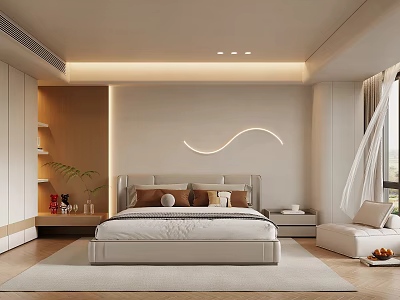 Modern Minimalist Bedroom With Curved LED Light White Bed Wooden Wardrobe And Window Sofa 3d model