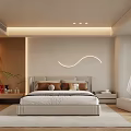 Modern Minimalist Bedroom With Curved LED Light White Bed Wooden Wardrobe And Window Sofa