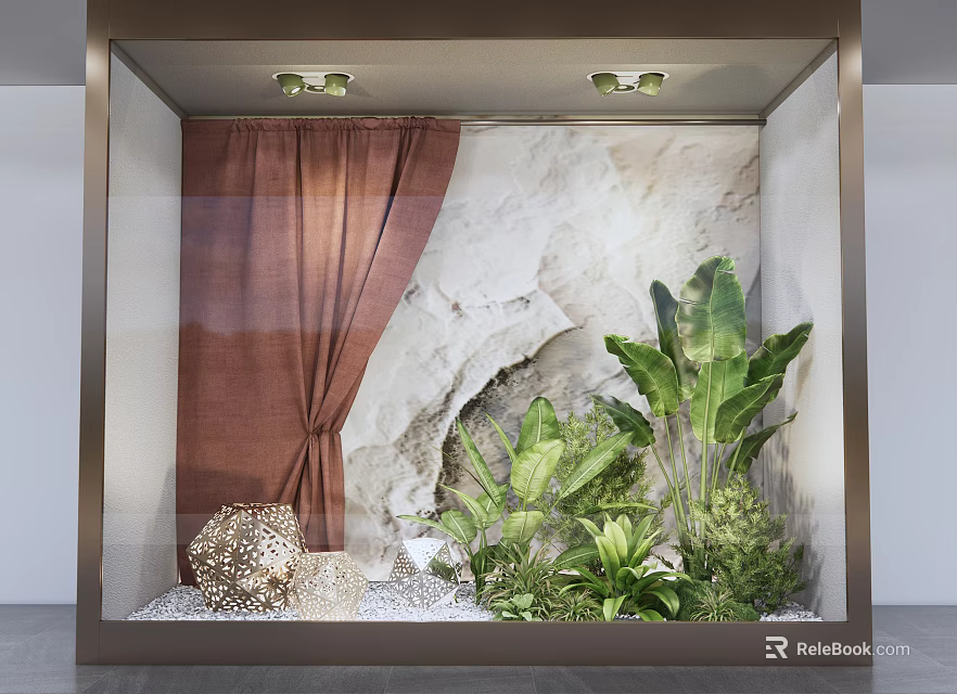Display Window Decor With Brown Curtain Stone Backdrop Green Plants Decorative Ball And Pebbles 3d model 