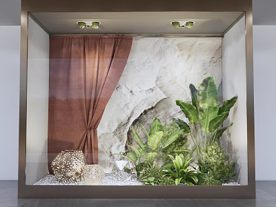 Display Window Decor With Brown Curtain Stone Backdrop Green Plants Decorative Ball And Pebbles 3d model