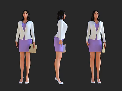 Business Woman In White Blazer And Purple Dress Holding Folder Multiple Angles 3d model