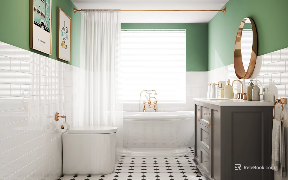 Modern Bathroom Interior With Green Walls White Bathtub Brass Faucet Gray Vanity And Checkered Floor 3d model 