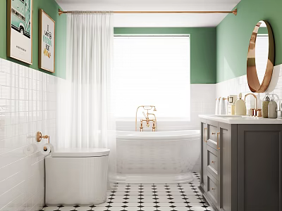 Modern Bathroom Interior With Green Walls White Bathtub Brass Faucet Gray Vanity And Checkered Floor 3d model