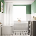 Modern Bathroom Interior With Green Walls White Bathtub Brass Faucet Gray Vanity And Checkered Floor
