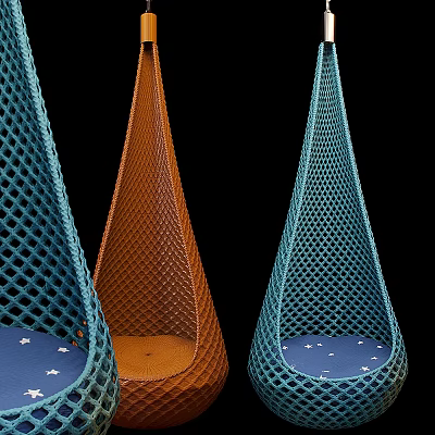 Three Woven Hanging Chairs With Blue Green And Brown Mesh Structure And Seat Cushions 3d model