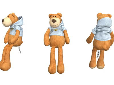 Brown Teddy Bear Stuffed Doll Wearing Grey Hoodie Three Angles Detailed View 3d model