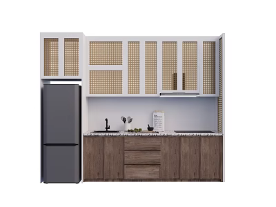 Modern Kitchen With Upper Glass Door Cabinets And Wooden Lower Storage Units 3d model
